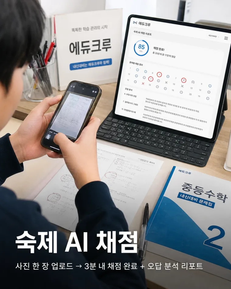 학생이 숙제를 사진으로 촬영하면 AI가 채점해 리포트를 만드는 화면 — 숙제 AI 채점