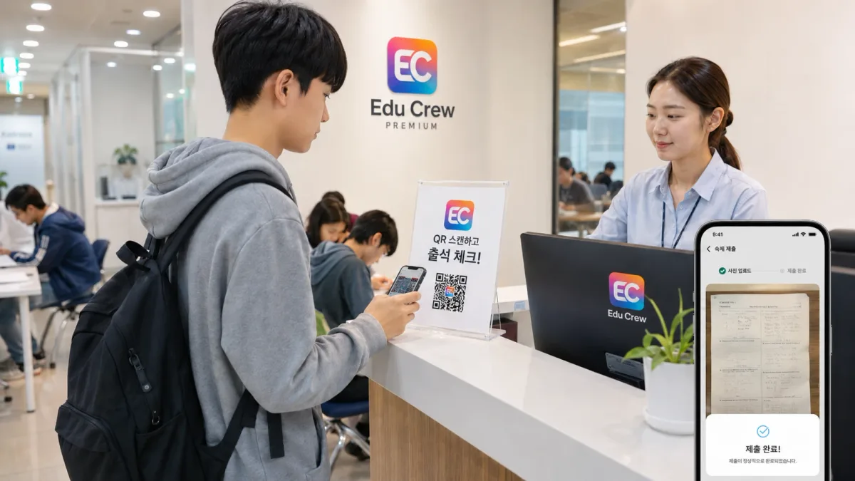 학원 데스크에서 QR로 출석 체크하고 숙제를 제출하는 학생